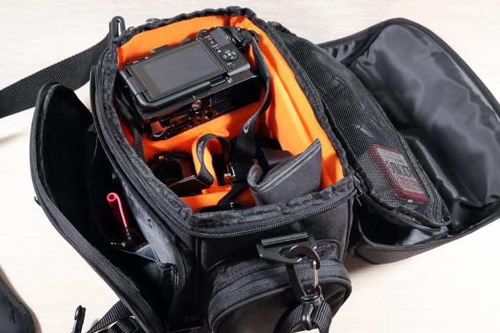 Amazon Basics Large DSLR Gadget Bag with Multiple Compartments, Pockets, Shoulder Strap, Black with Orange Interior customer photo 1
