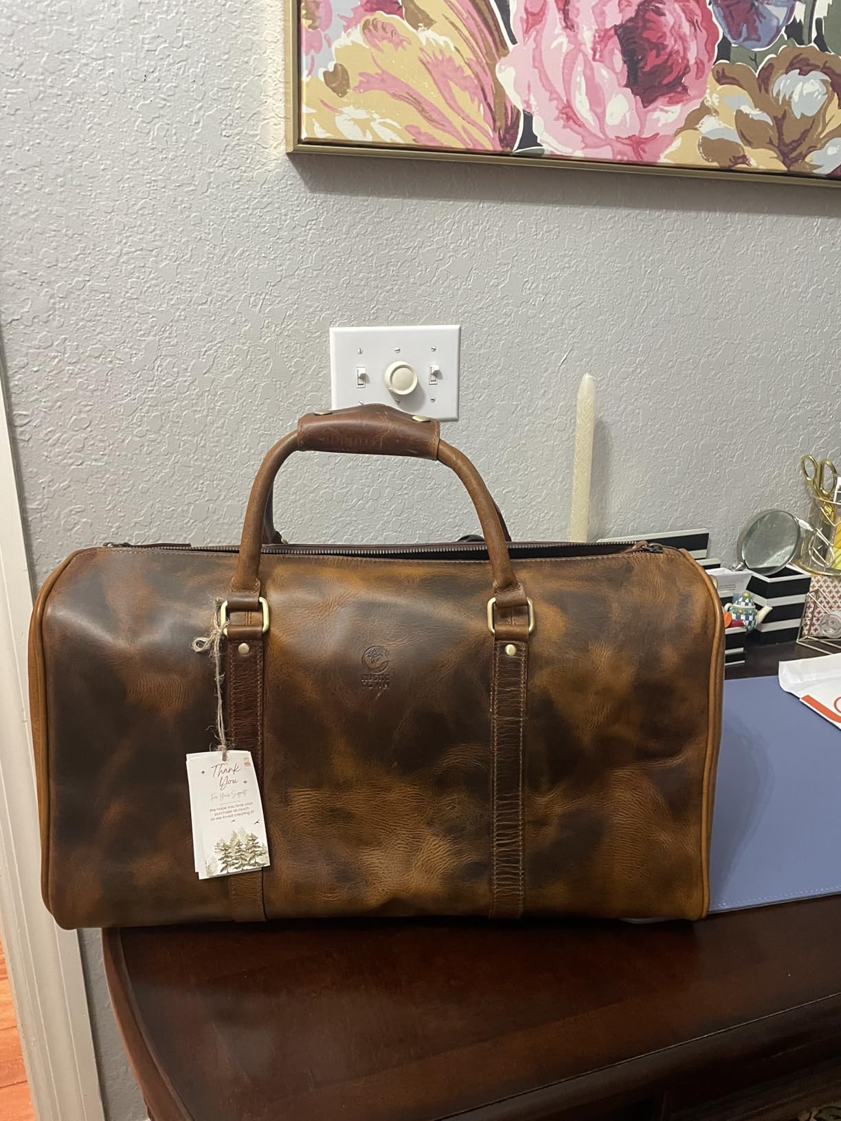 Leather Duffle Bag for Men - Full Grain Travel Weekender, Brown 20 Inch | TSA Carry On Overnight Bag, 30L, YKK Zippers, Brass Hardware, Removable Strap, Fits Overhead Bin, Water-resistant lining customer photo 1