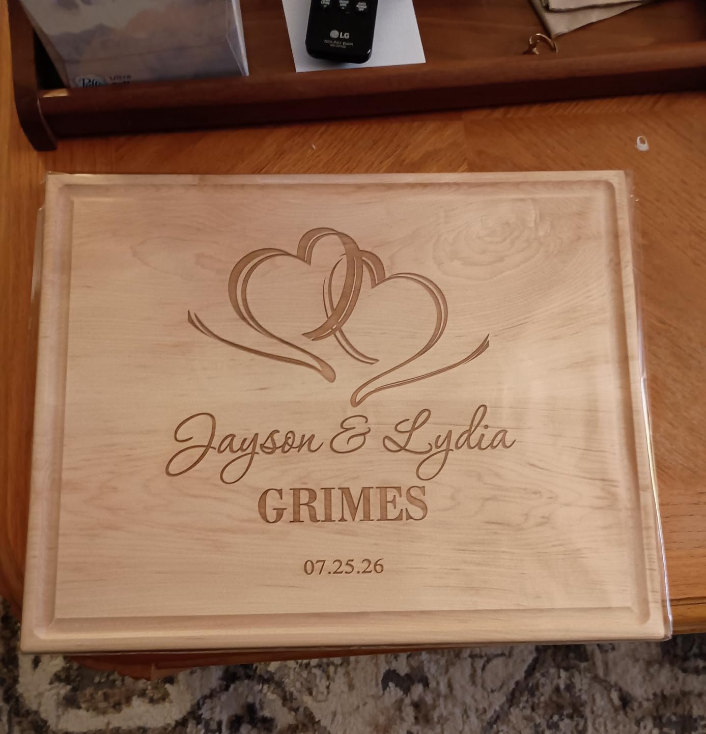 Personalized Cutting Board, Custom Wedding, Anniversary or Housewarming Gift Idea, Wood Engraved Charcuterie, for Newlyweds and Couples, Two Hearts Design customer photo 1