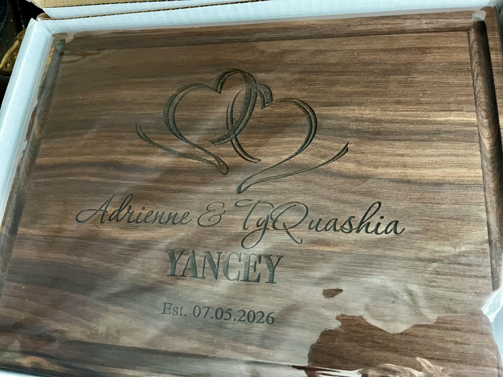Personalized Cutting Board, Custom Wedding, Anniversary or Housewarming Gift Idea, Wood Engraved Charcuterie, for Newlyweds and Couples, Two Hearts Design customer photo 2