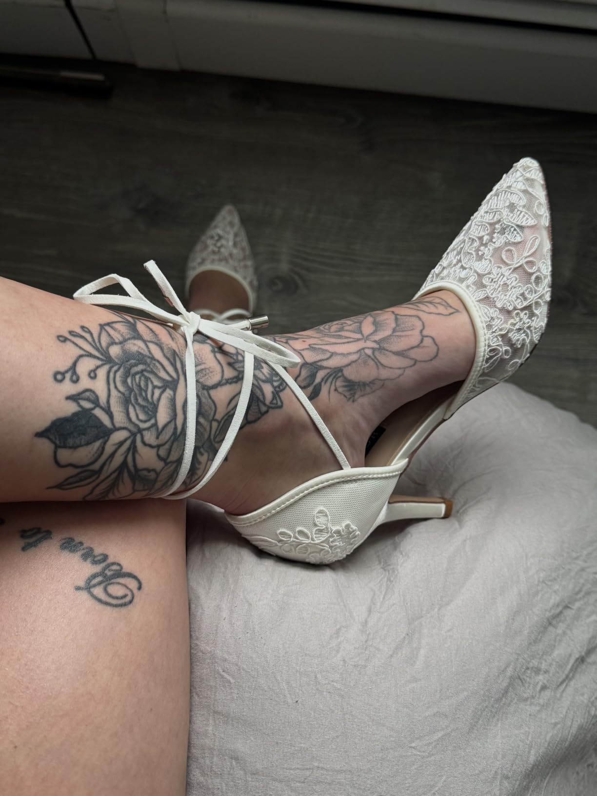ERIJUNOR Ivory Lace Mesh Satin Bridal Wedding Shoes for Women Comfortable Mid Heel Tie Up Ankle Strap Pointy Toe Pumps customer photo 1