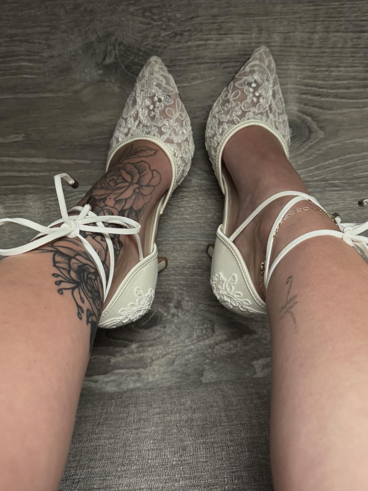 ERIJUNOR Ivory Lace Mesh Satin Bridal Wedding Shoes for Women Comfortable Mid Heel Tie Up Ankle Strap Pointy Toe Pumps customer photo 2