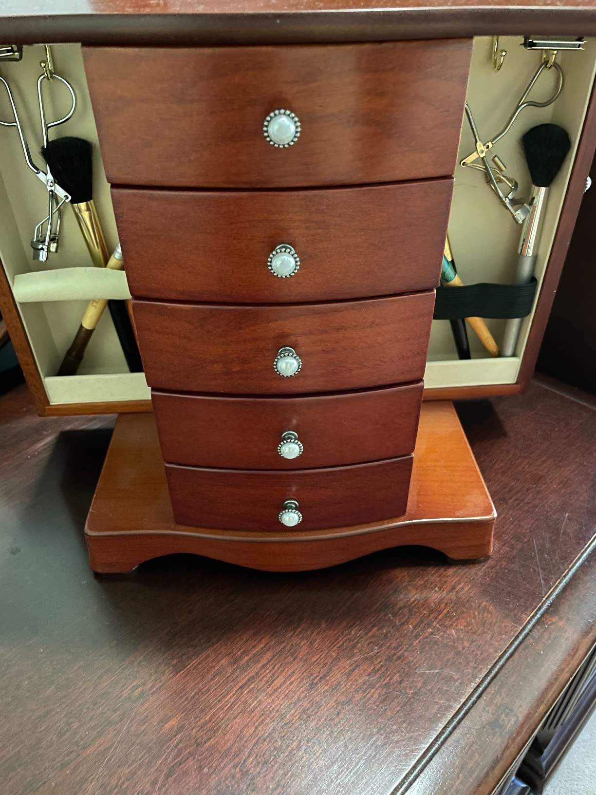 RR ROUND RICH DESIGN Solid Wood Jewelry Box - Large Organizer with 4 Drawers, Built-in Necklace Carousel & Large Mirror, Brown customer photo 1