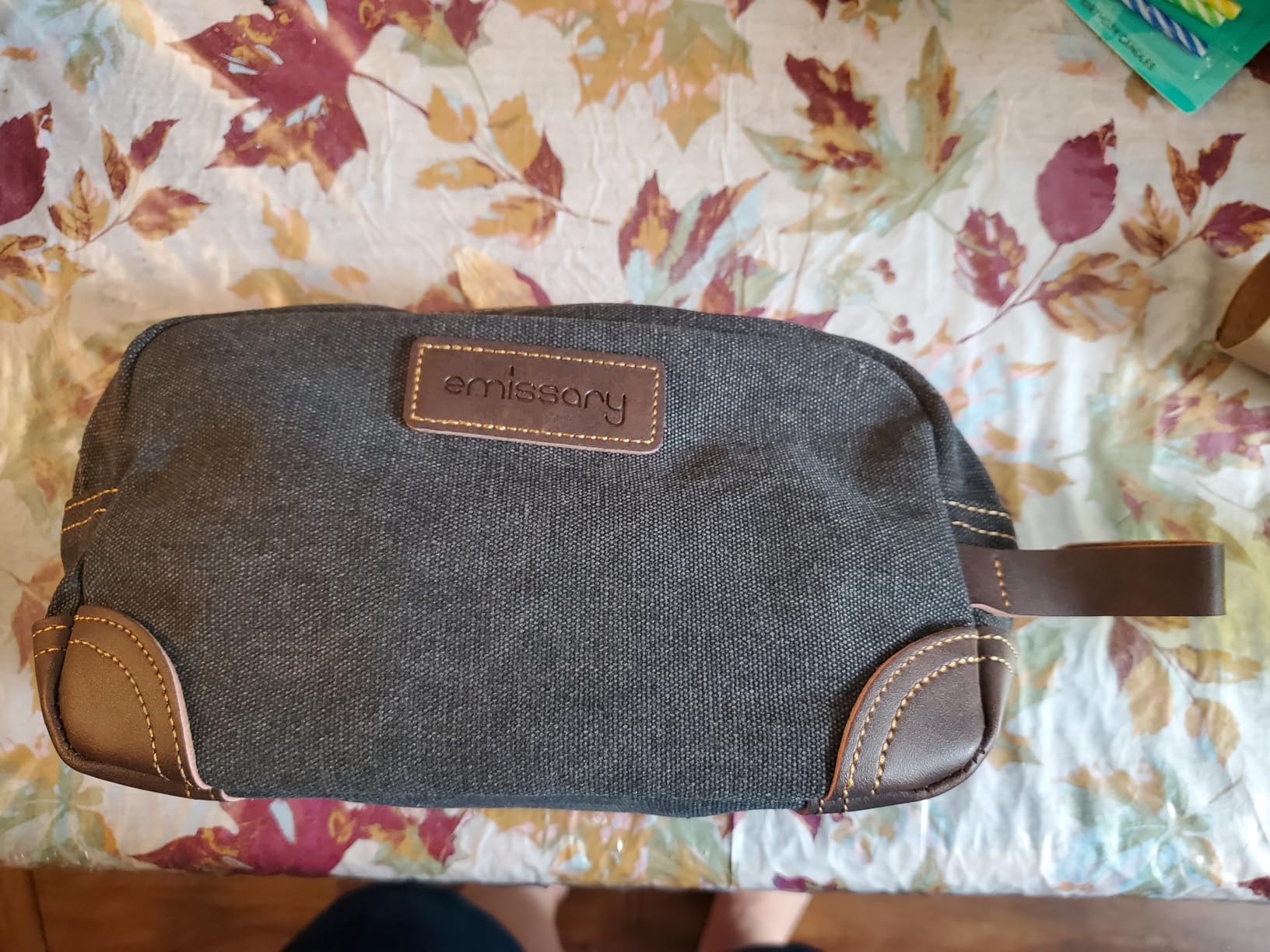emissary Men's Canvas Travel Toiletry Bag, Leather Dopp Kit - Brown | Durable canvas & PU leather, water-resistant lining, side handle; roomy men's Dopp kit for travel & gym customer photo 2