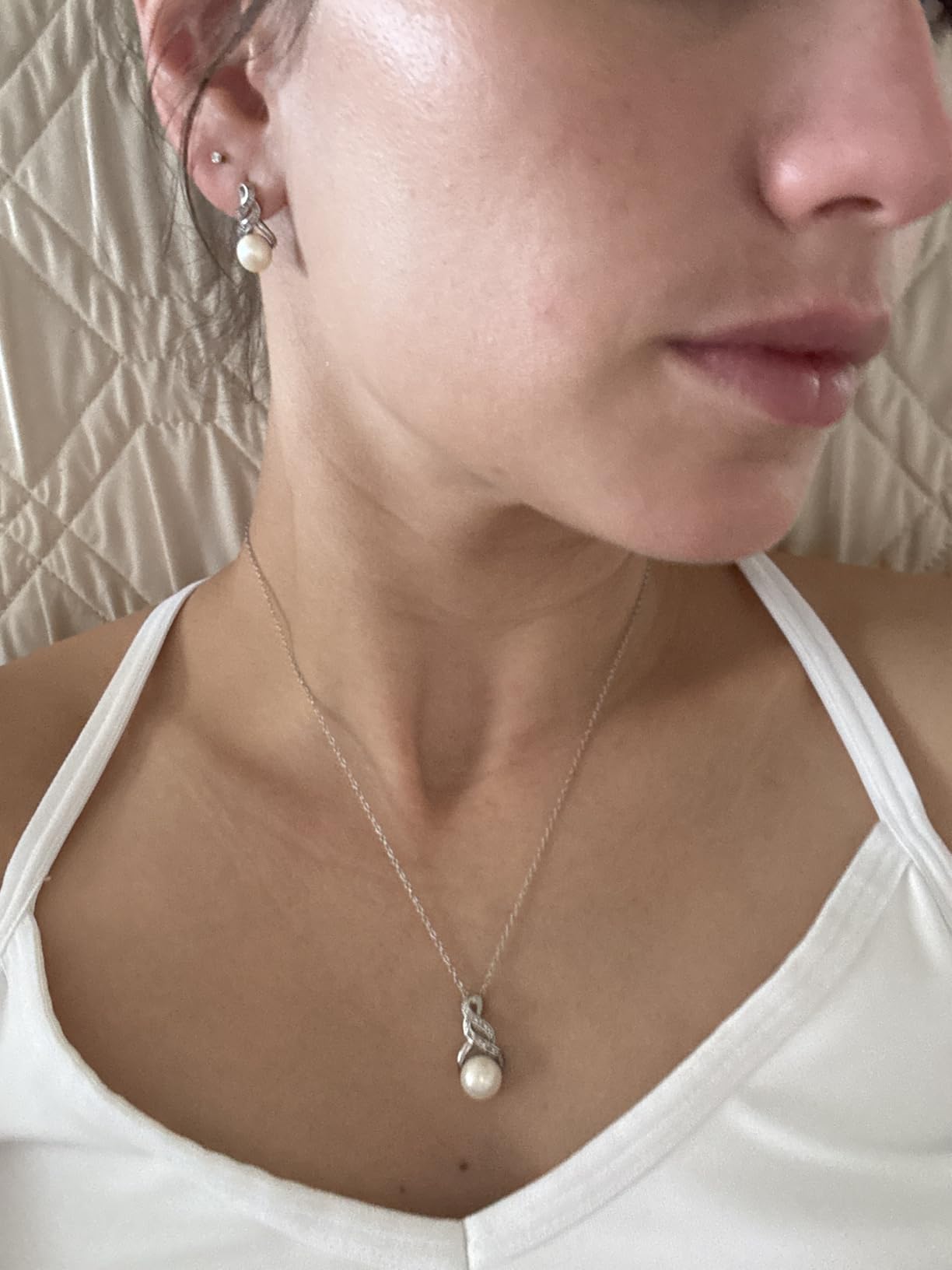 MAX + STONE Real Diamond Sterling Silver Pearl Necklace and Earring Set | Hypoallergenic Real Cultured Freshwater Pearl Jewelry Set with 18 Inch Silver Chain | Diamond Bridal Bridesmaid Set for Women with Gift Box customer photo 1