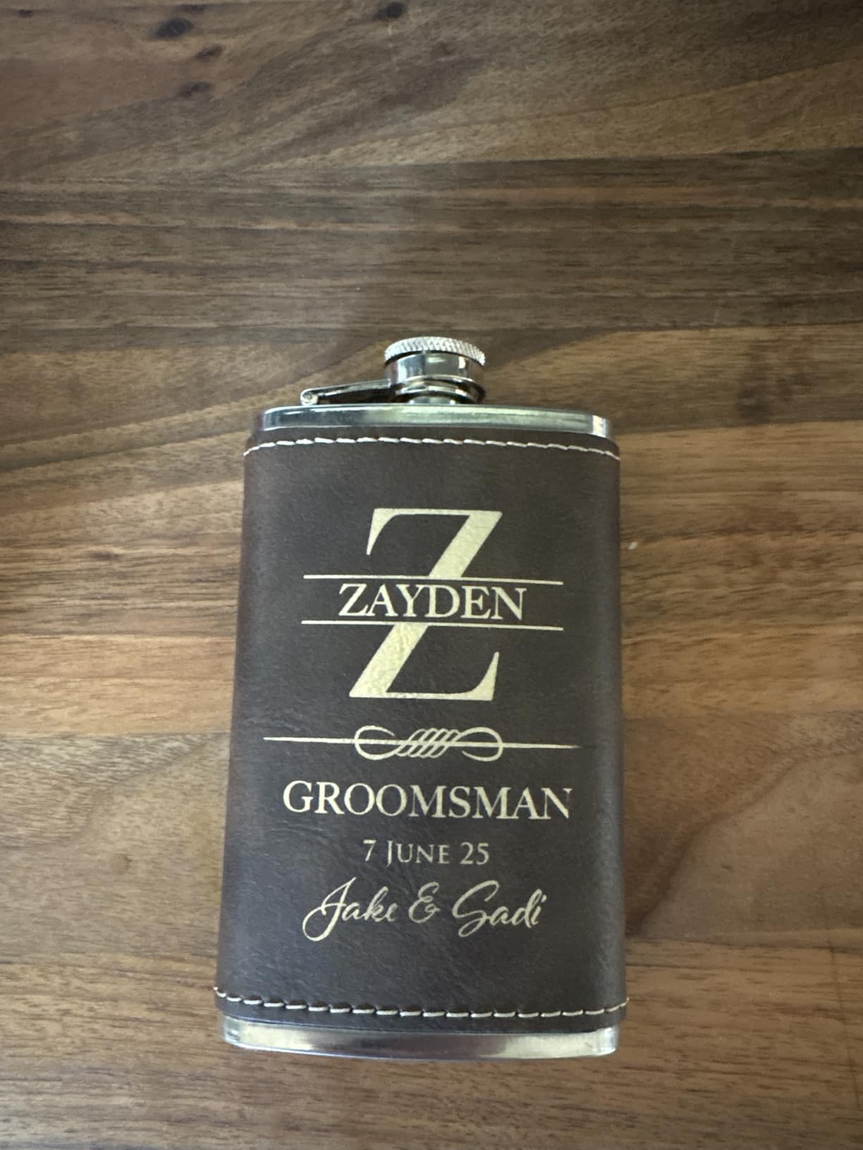 Personalized Hip Flask - Engraved Leatherette 6 Oz, Best Man & Groomsmen Proposal Gifts, Wedding Party Favors - Chestnut #4 customer photo 2