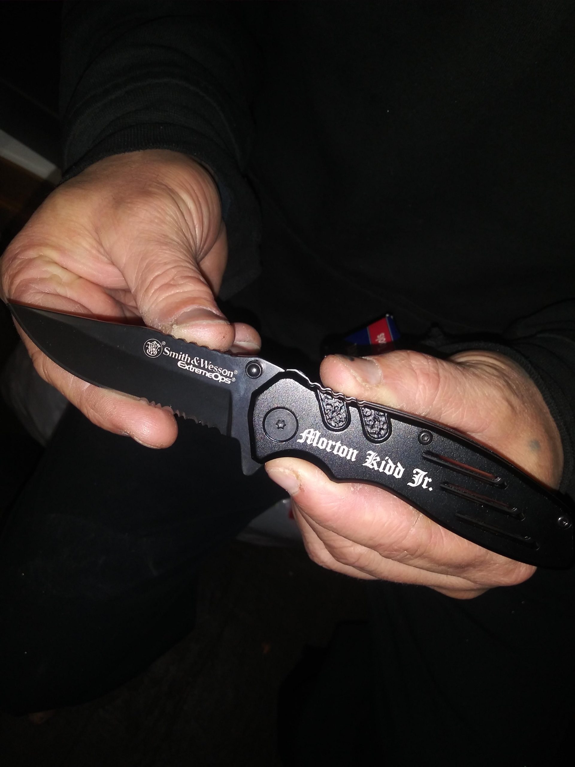 Smith & Wesson Engraved Pocket Knife Gift for Men, Camping & Hunting | SWA24S Extreme Ops Tactical Knife, Partially Serrated 3