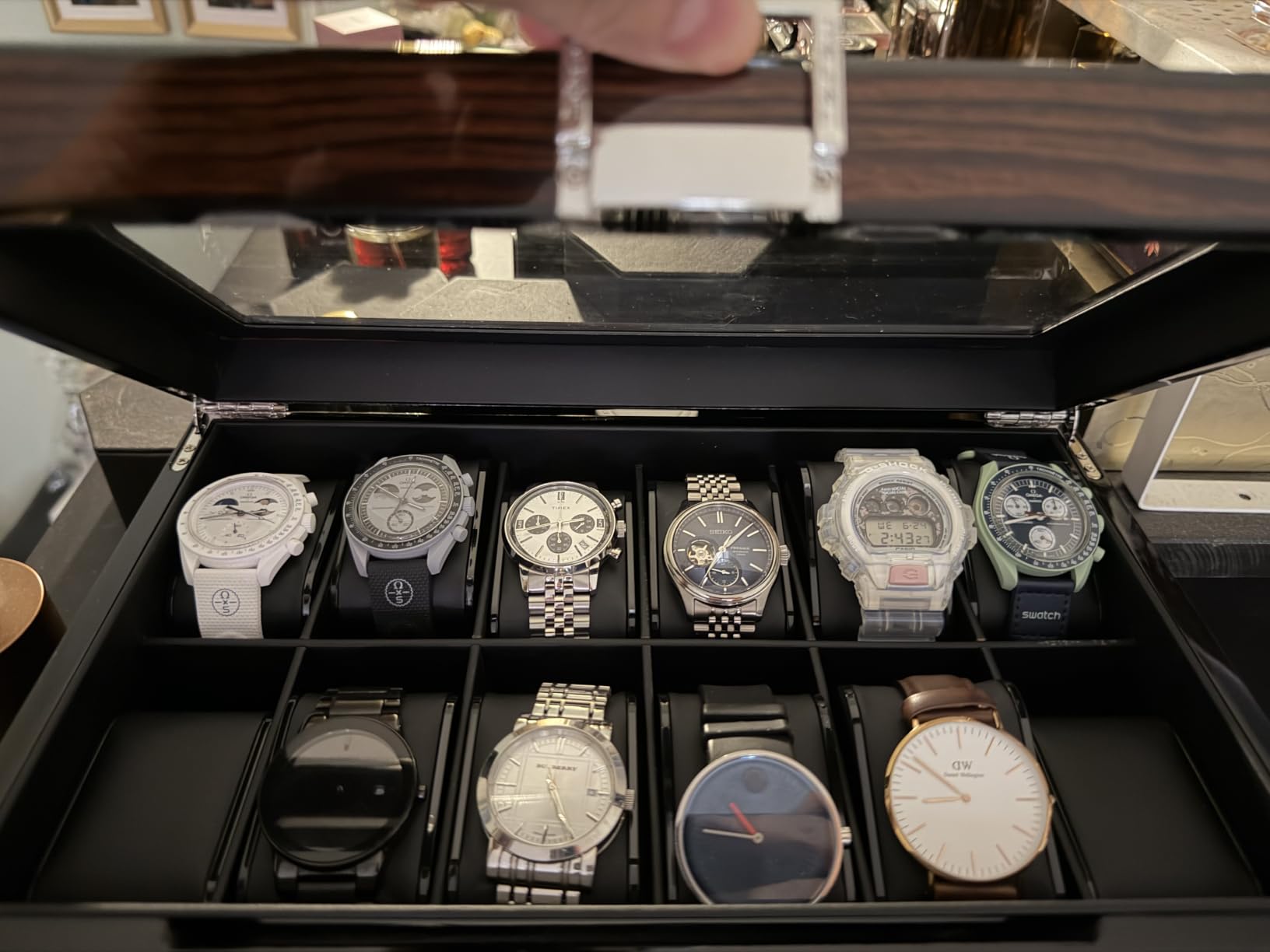 BEWISHOME High-End Watch Box 12-Slot Wooden Watch Case with Large Glass Lid | 2-Layer Watch Cases for Men, Watch Storage Organizer Holder 12Slot, Brown Red SSH02Y customer photo 2