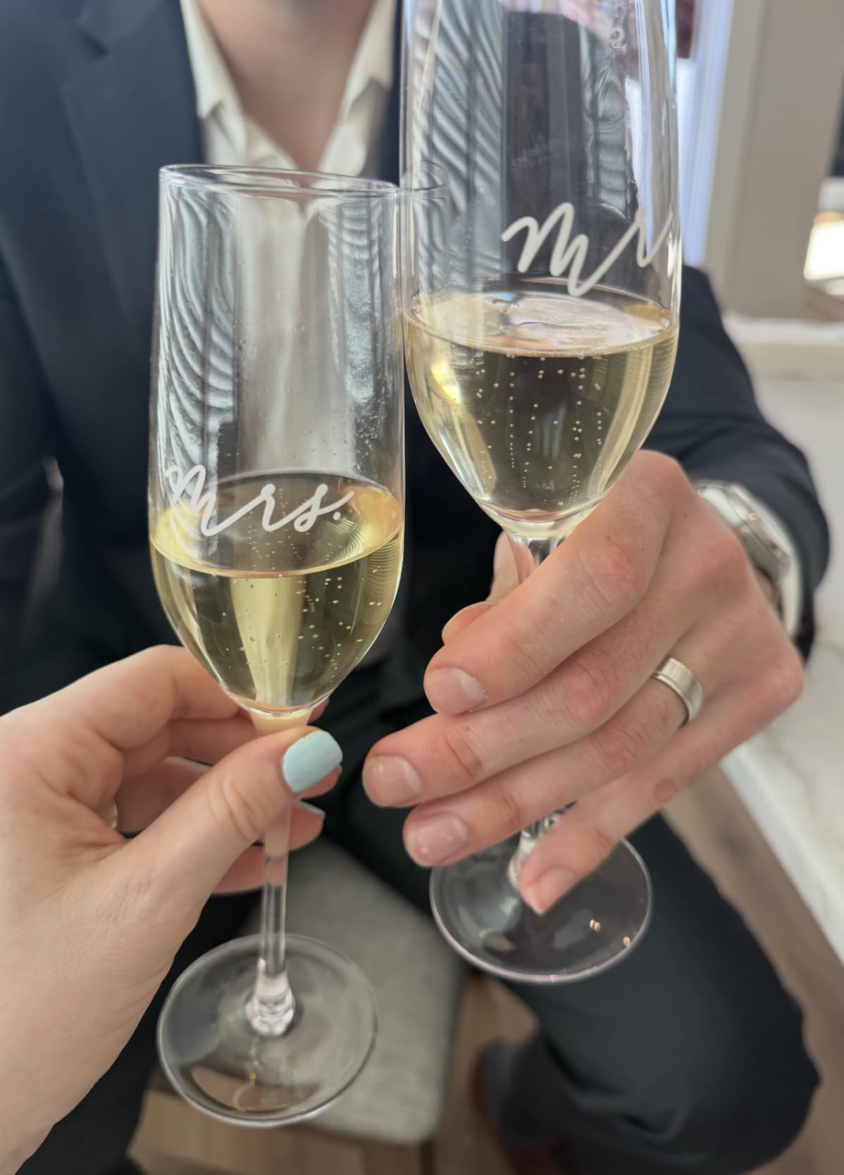 Pearhead Mr. & Mrs. Champagne Flute Set - Elegant His and Hers Wedding Toasting Glasses for Unforgettable Celebrations, Bridal Shower and Registry Idea, Tall Wine Glasses for Bride and Groom customer photo 1