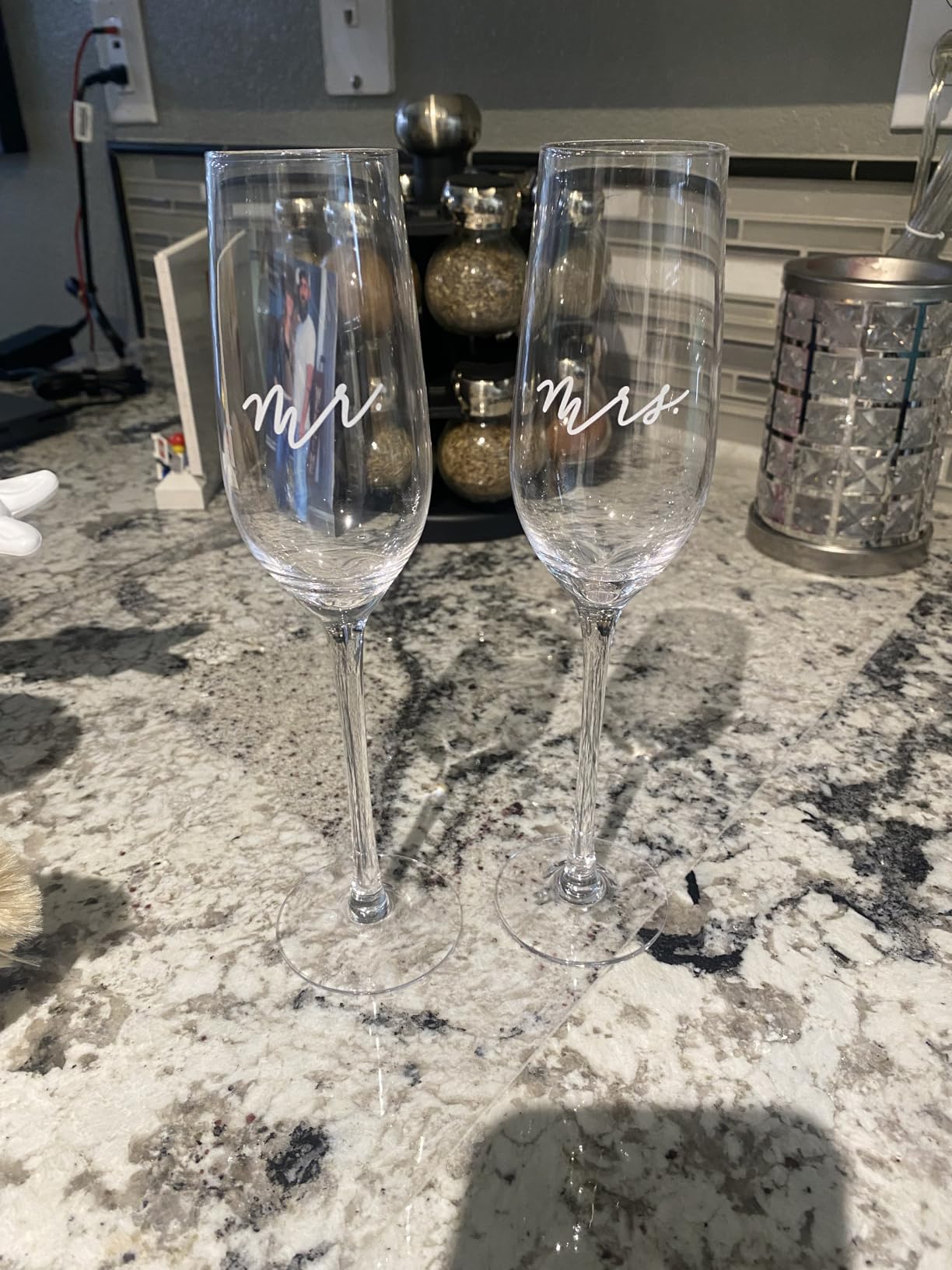 Pearhead Mr. & Mrs. Champagne Flute Set - Elegant His and Hers Wedding Toasting Glasses for Unforgettable Celebrations, Bridal Shower and Registry Idea, Tall Wine Glasses for Bride and Groom customer photo 2