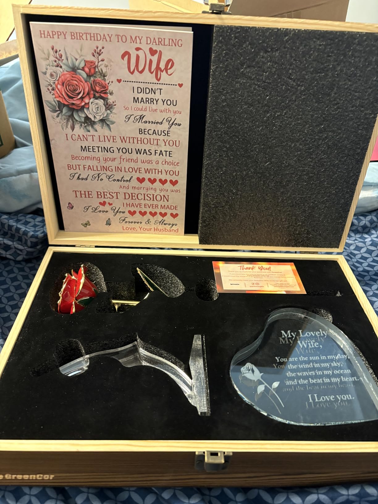 GreenCor Anniversary for Wife Engraved Wooden Gift Set 'To My Beautiful Wife' Includes Crystal Engraved Heart 24K Gold Dipped Rose for Birthday Gifts customer photo 1