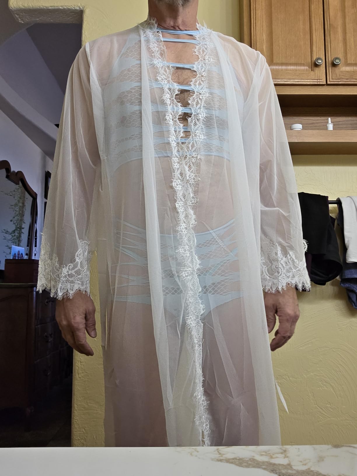 RSLOVE Lingerie for Women Sexy Long Lace Kimono Robe Mesh Chemise Lace Gown Swimsuit Cover Up customer photo 2