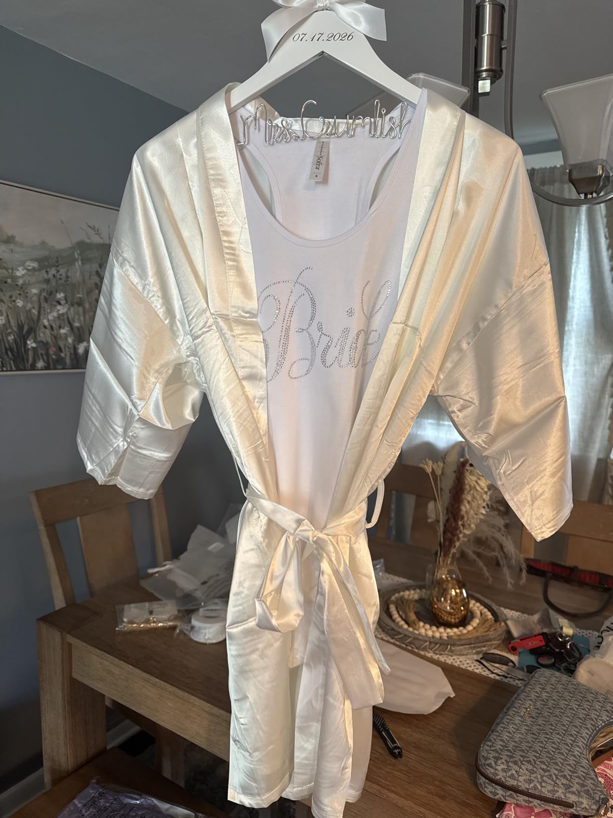 sunshinemall Women's Satin Kimono Robes with Rhinestones Bride Bridesmaid Short Getting Ready Wedding Dressing Gown customer photo 2