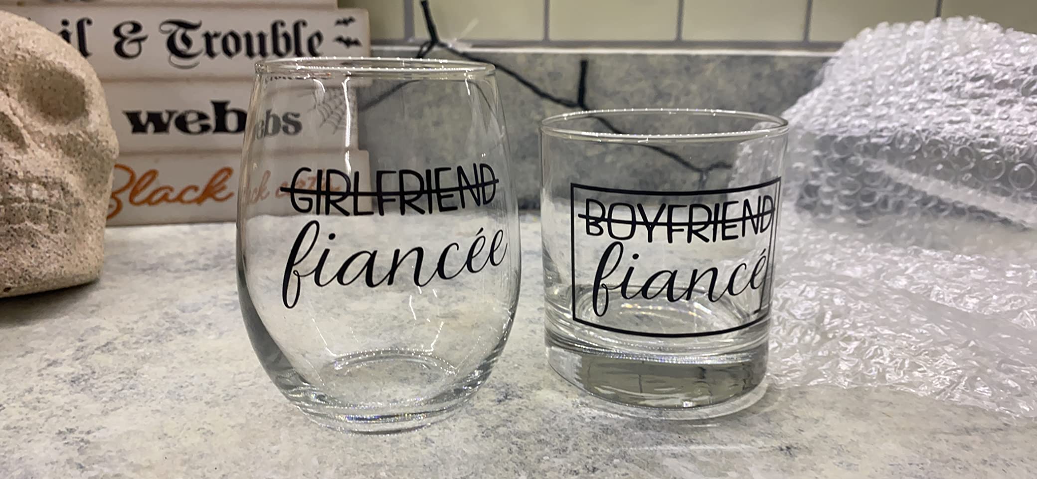 Boyfriend and Girlfriend Wine and Whiskey Glass Gift Set - Engagement Gifts for Couples - Fiance Fiancee Gift for Him and Her - His and Hers Glasses For Mr and Mrs Bride and Groom to be customer photo 2