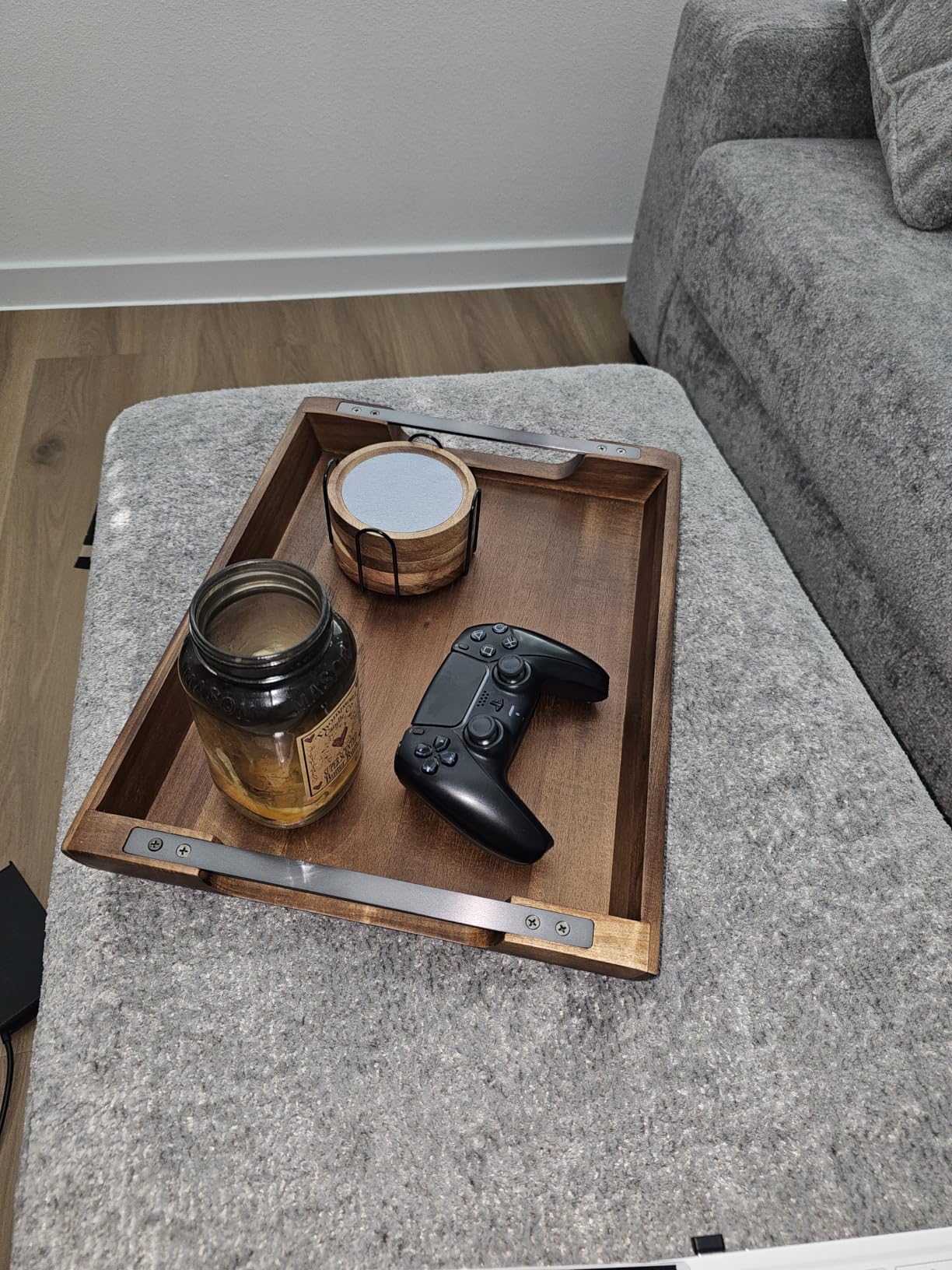 Acacia Wood Serving Tray with Metal Handles, 17x13in Food Drinks Tray for Coffee Table, Breakfast, Dinner & Bar, Rustic Decorative Storage Tray for Ottoman, Kitchen, Elegent Box for Gift customer photo 2