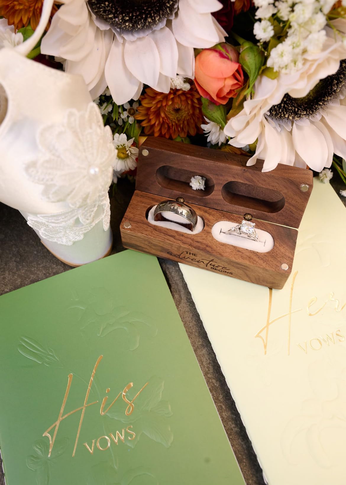 Engraved Flip Wooden 2 Ring box for wedding - Rustic Vintage Solid Wood rectangle Jewelry Storage Box customer photo 2