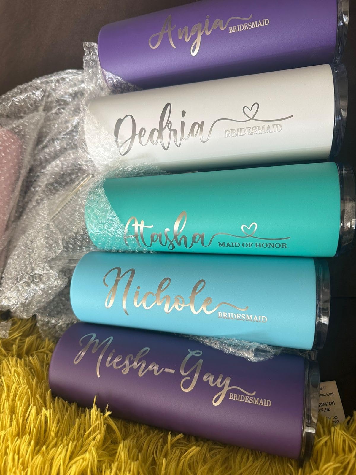 Lily's Atelier Bridesmaid Gifts Set of 5, Personalized Bridesmaid Tumbler W/Name and Title - 8 Vivid Colors, 5 Designs - 20 Oz Engraved Skinny Tumbler W/Straw Set customer photo 1