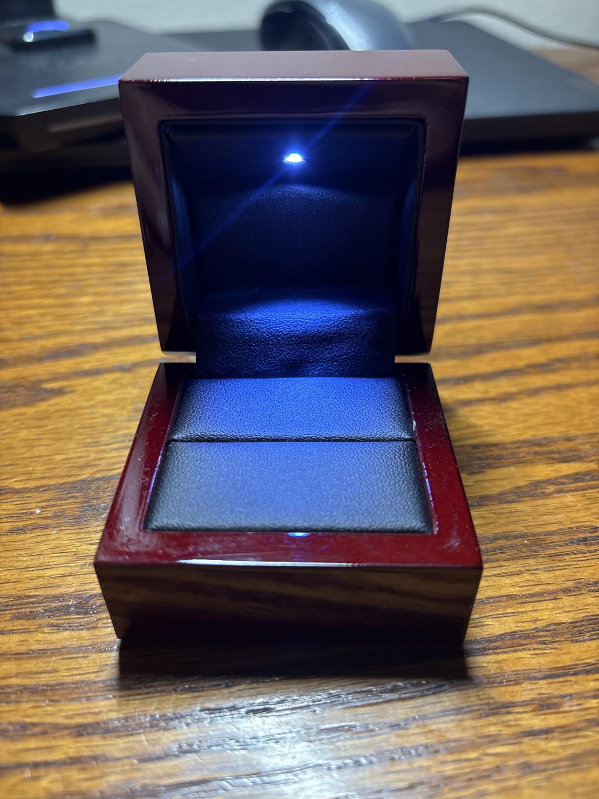 Allure - Luxury Ring Box With LED Light, Authentic Mahogany Wood With White Leatherette Insert, Square Elegant Diamond Ring Case, For Unique Proposal Or Wedding, Small Jewelry Display Gift Box customer photo 1
