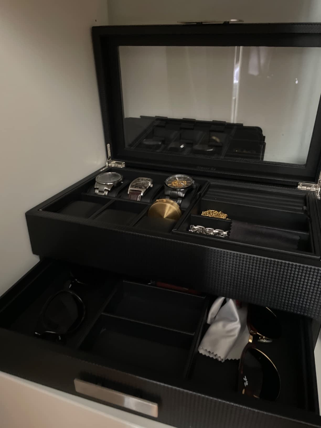 Glenor Co Valet Jewelry Box for Men - Holds 6 Watches, 12 Cufflinks, 2 Sunglasses, Drawer & Tray Storage - Mens Watch Case - CarbonFiber Organizer w Metal Accents, PU Leather & Large Glass Lid - Brown customer photo 1