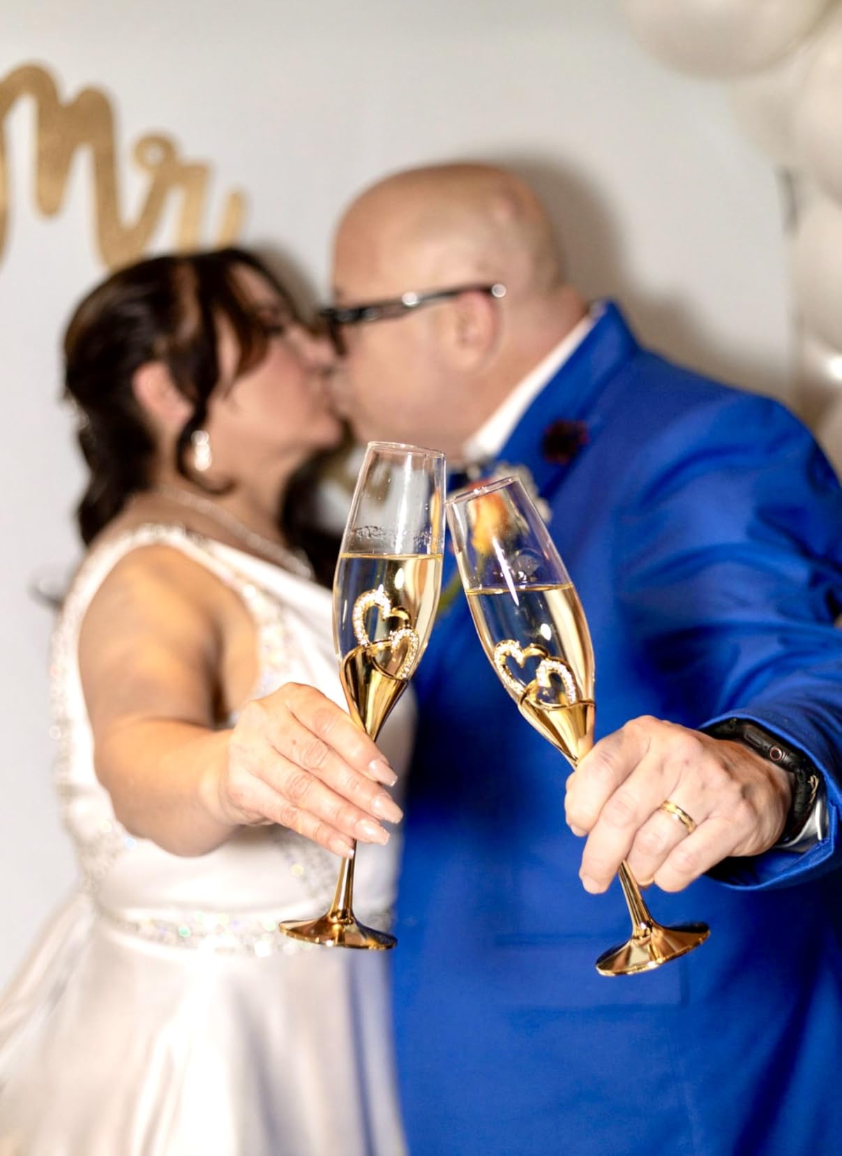 NUPTIO Crystal Champagne Flutes, Wedding Gifts for Couple, Gold, Set of 2 | Rhinestone Rimmed Heart Toasting Glasses with Wooden Gift Box customer photo 2