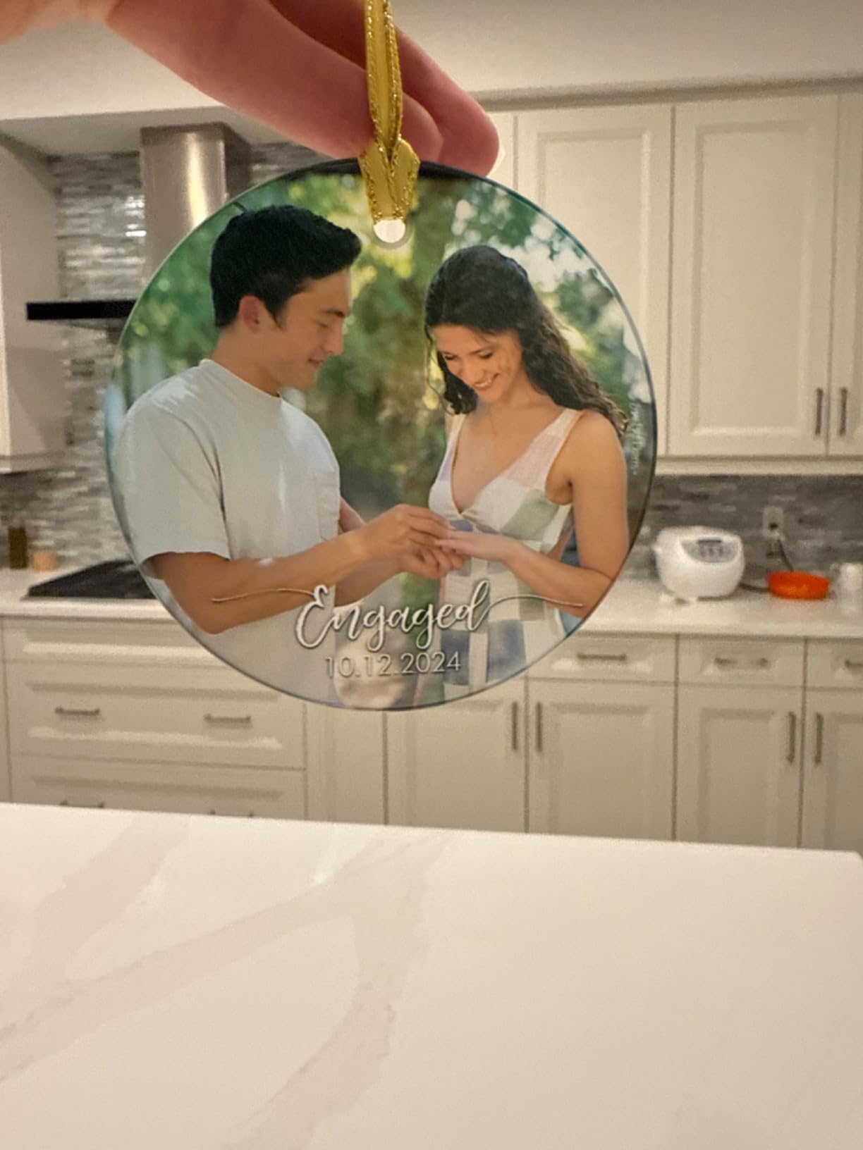 Engagement Milestone 2026 Personalized 3.5 in Hanging Glass Print | Add photo and details | Giftable display piece customer photo 1