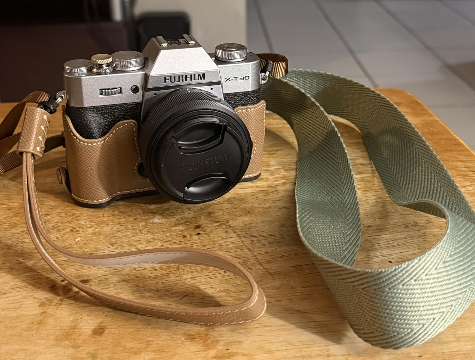 Olive Green Camera Strap, Double Layer top-grain Cowhide Ends, 1.5