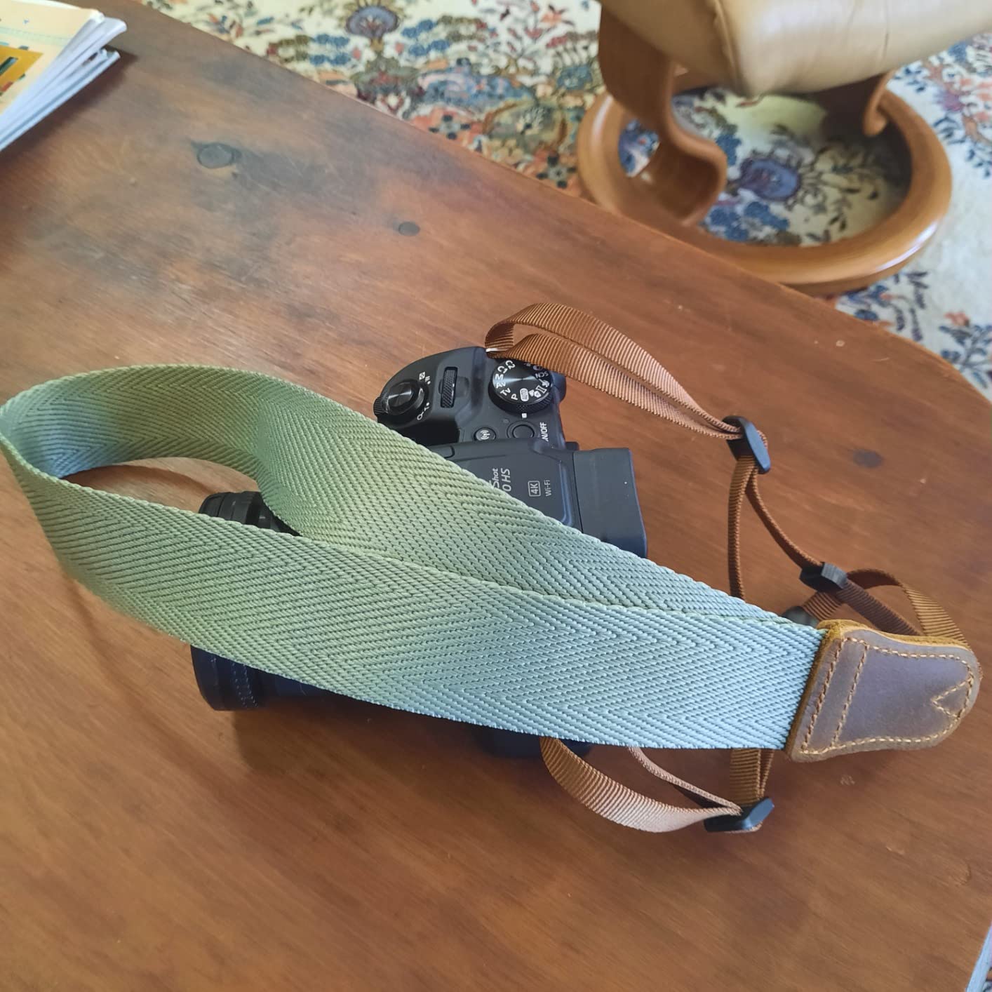 Olive Green Camera Strap, Double Layer top-grain Cowhide Ends, 1.5