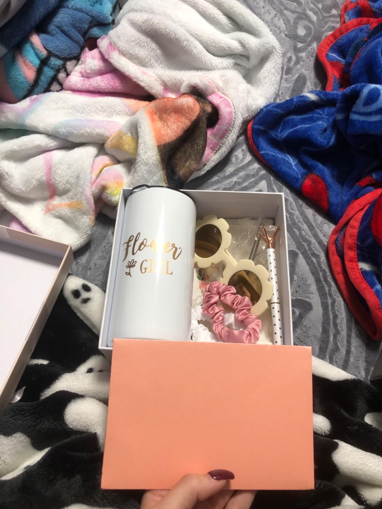 Sieral 9 Pcs Flower Girl Proposal Gifts Set Personalized Flower Girl Tumbler with Straw Bride Gift Box Canvas Bag Sunglasses Hair Ring Diamond Pen Envelope for Wedding customer photo 2