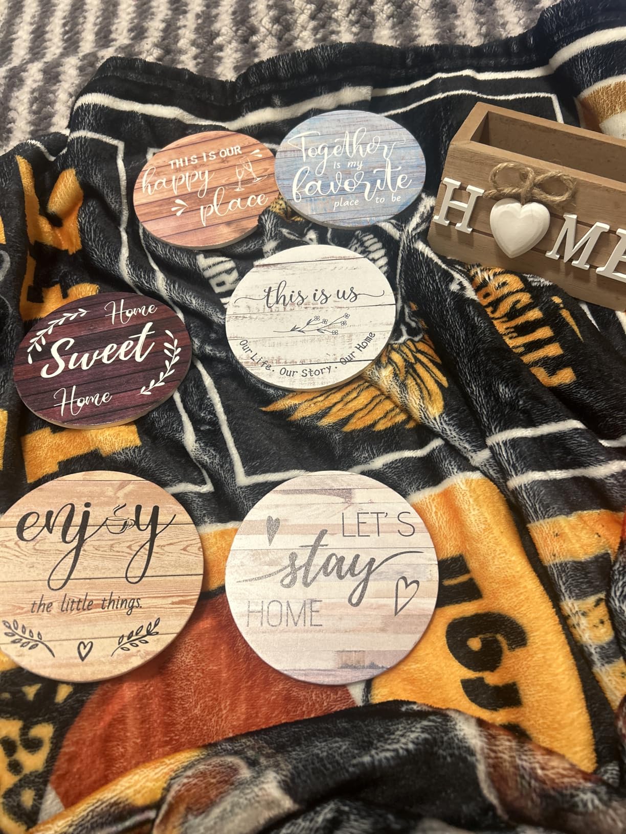 Queekay Coasters Set of 6 House Warming Gifts New Home Wooden Farmhouse Drink Coasters with Holder 4'' Funny Decoration for Kitchen Family Coffee Bar Tabletop Protection (Farmhouse Color) customer photo 1