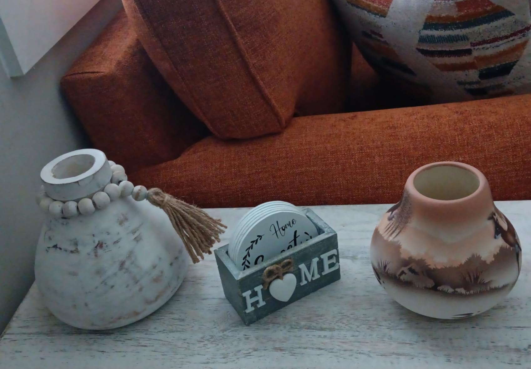 Queekay Coasters Set of 6 House Warming Gifts New Home Wooden Farmhouse Drink Coasters with Holder 4'' Funny Decoration for Kitchen Family Coffee Bar Tabletop Protection (Farmhouse Color) customer photo 2