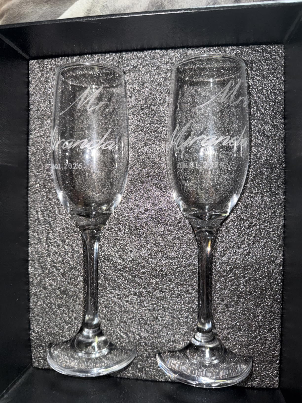 Personalized Champagne Glasses Set of 2 - Engraved Mr and Mrs Champagne Flutes - Custom Stemmed Glassware Gift for Wedding, Engagement, Anniversary, Bridal Party customer photo 2