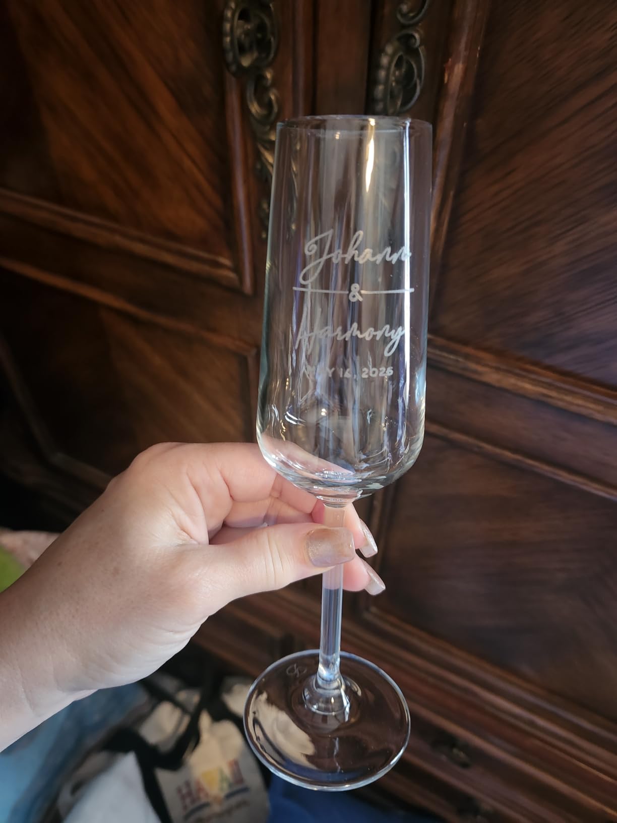 Personalized Wedding Champagne Flutes for Bride and Groom - Set of 2, 7 oz, 2 Designs - Champagne Glasses for Engagement with Your Names and Date - D1 customer photo 2