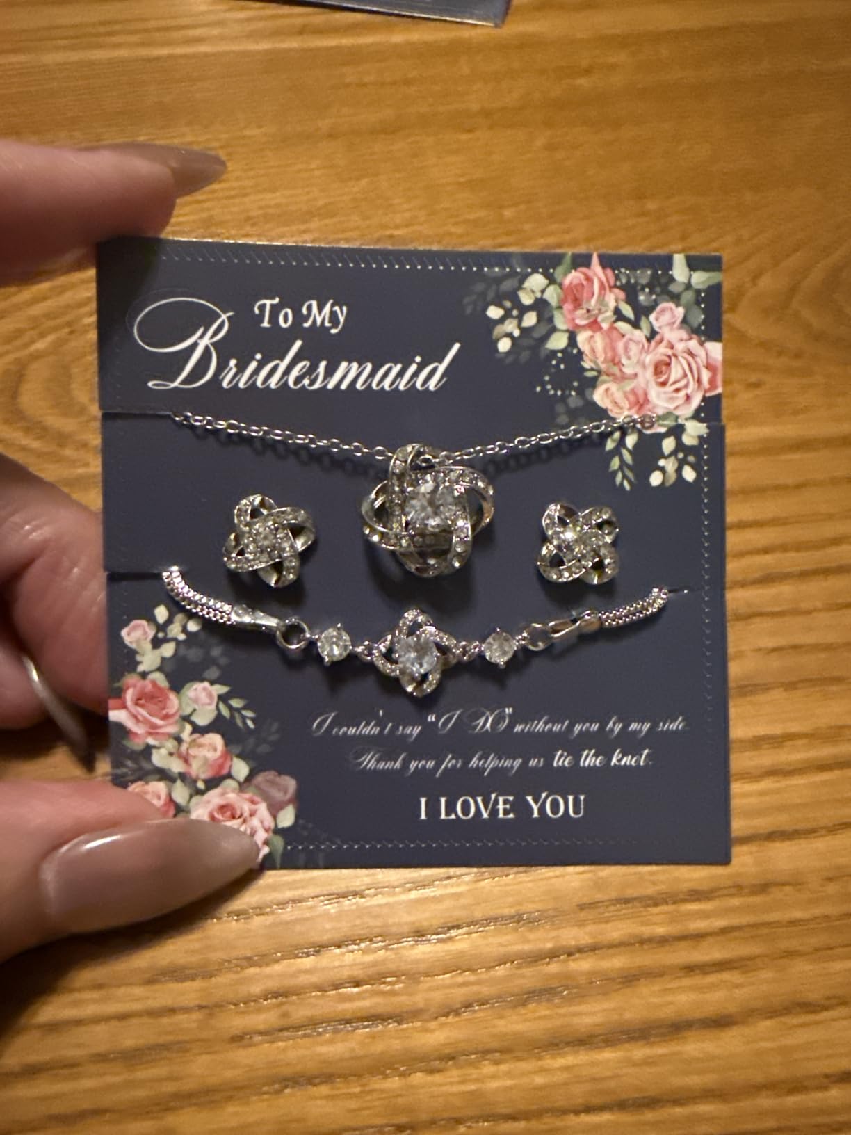 Yinkin 6 Bridesmaid Jewelry Set Silver Wedding Necklace Earring Bracelet Will You Be My Bridesmaid Gift Card for Bridal Proposal Women customer photo 2