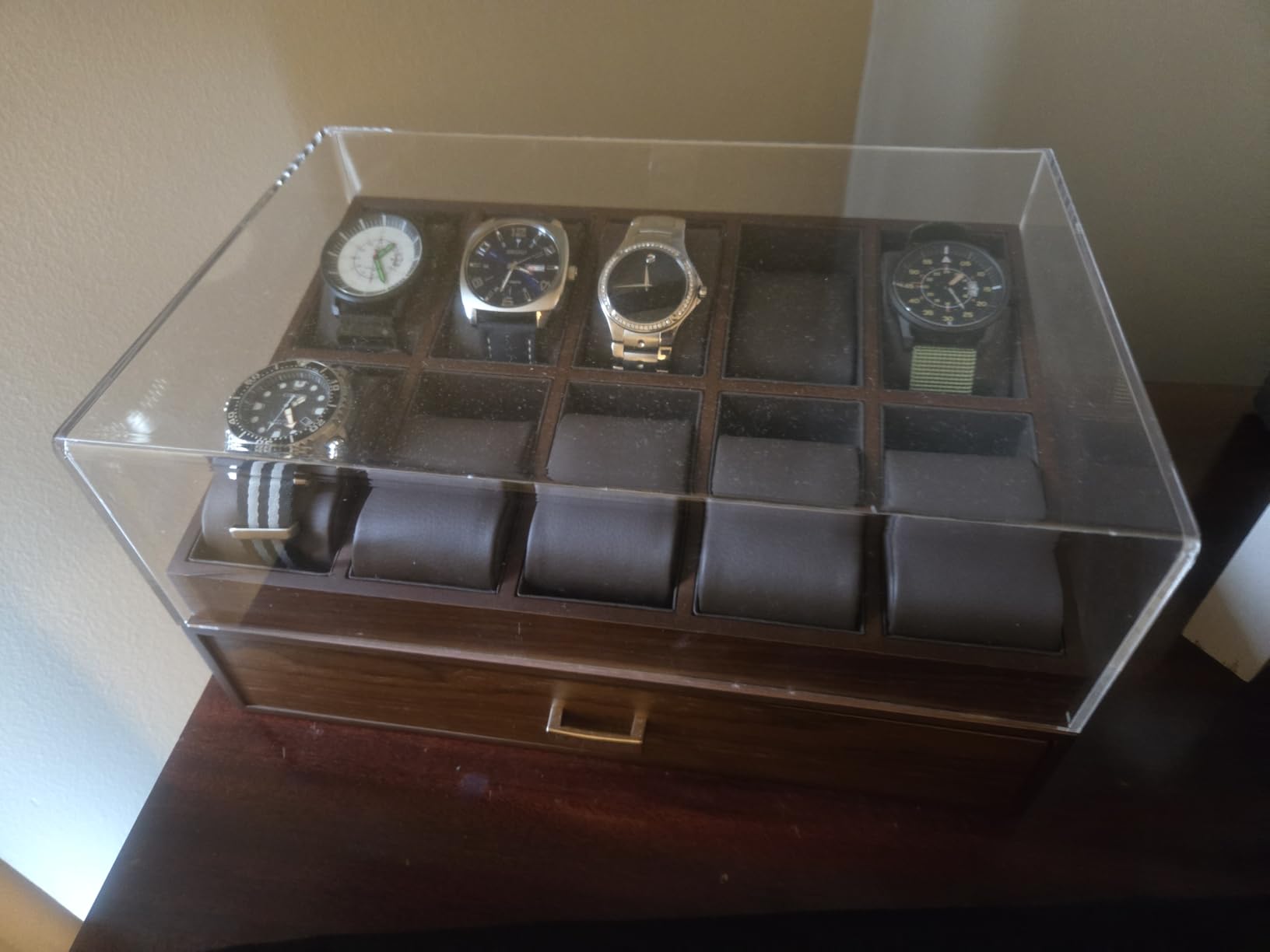 KAMIER Watch Box for Men, 10 Slots Mens Watch Case with Glass Lid, Watch Display Case With Drawer, 2-Layer Watch Holder Organizer, Jewelry and Watch Storage for Men Women, Walnut customer photo 1