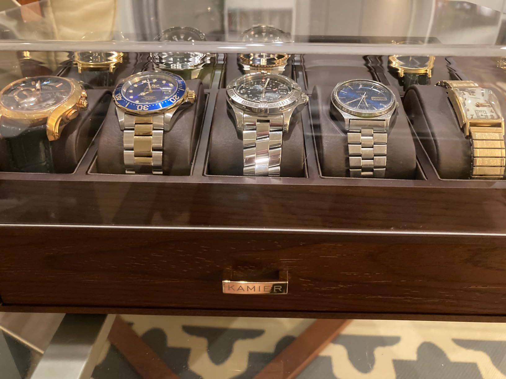 KAMIER Watch Box for Men, 10 Slots Mens Watch Case with Glass Lid, Watch Display Case With Drawer, 2-Layer Watch Holder Organizer, Jewelry and Watch Storage for Men Women, Walnut customer photo 2