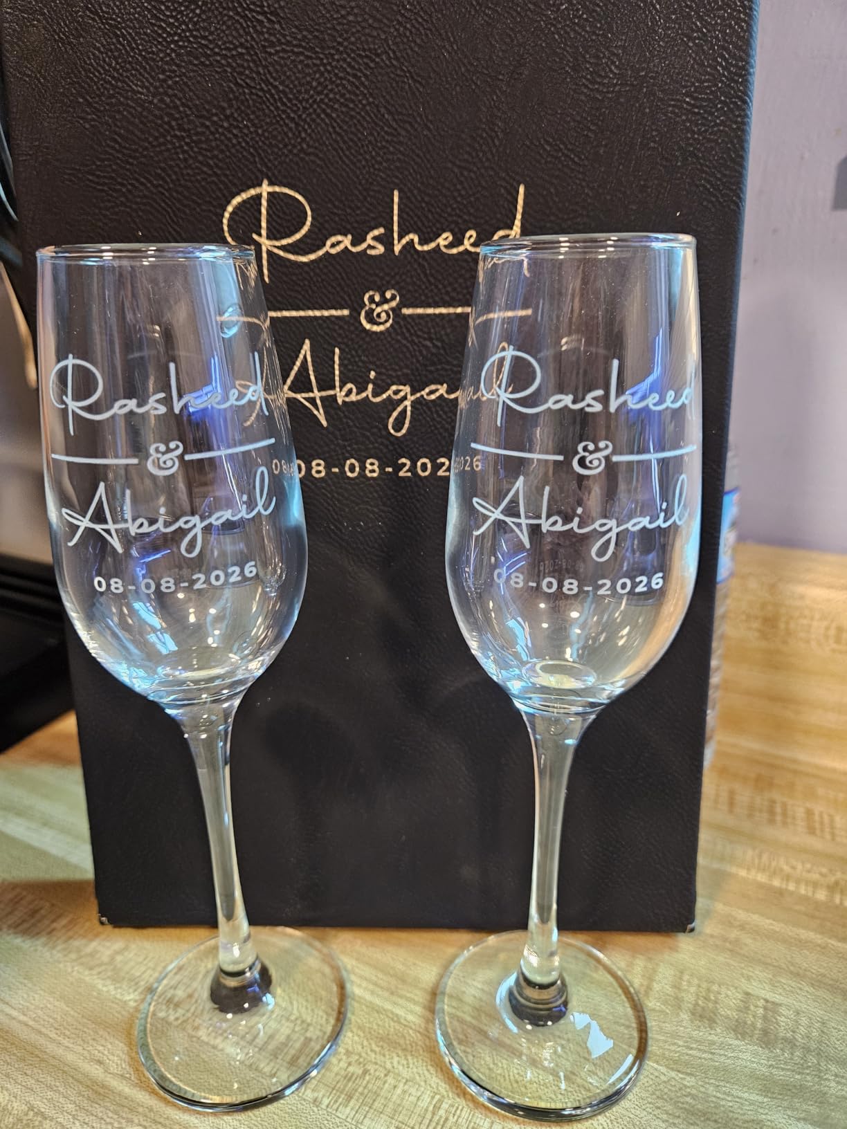 Personalized Champagne Flutes - Set of 2 - Custom Wedding Glasses - Bride & Groom Wedding Gifts for Mr & Mrs - Engagement, Bridal Shower, Anniversary, Gift for Couple - Valentines Day Gift - 6 Designs customer photo 1