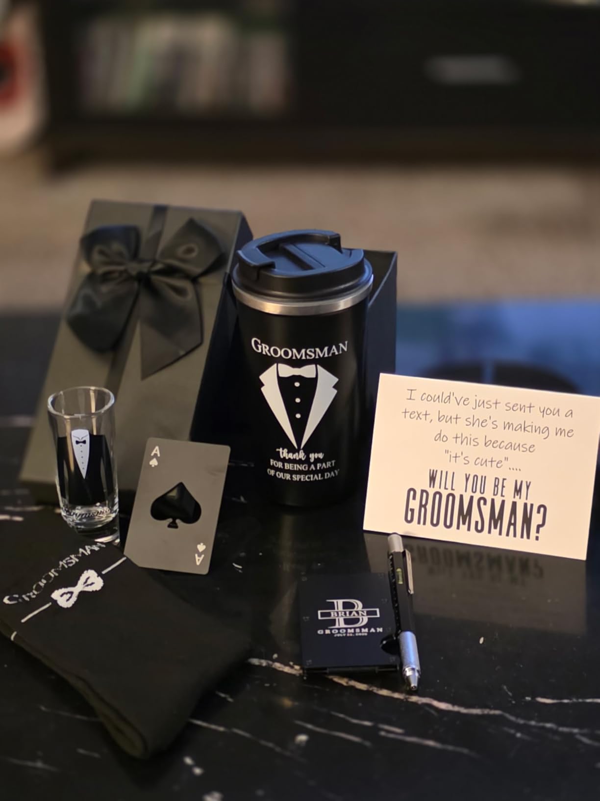Nuanchu 6 Pcs Groomsmen Officiant Gifts Wedding Proposal Gift for Best Man Groomsman 17 Oz Coffee Cup Tumbler Socks Multi Tool Ballpoint Pen with Greeting Card Envelope (Black) customer photo 1