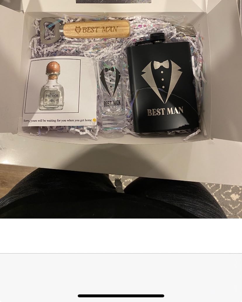 Yaomiao 30 Pcs Groomsmen Gift for Wedding, Including 6 Pcs 8 oz Groomsmen Flask 6 Wooden Bottle Opener 6 Party Favors Shot Glasses 6 Boxes Empty 6 Proposal Cards Best Man Gift customer photo 1