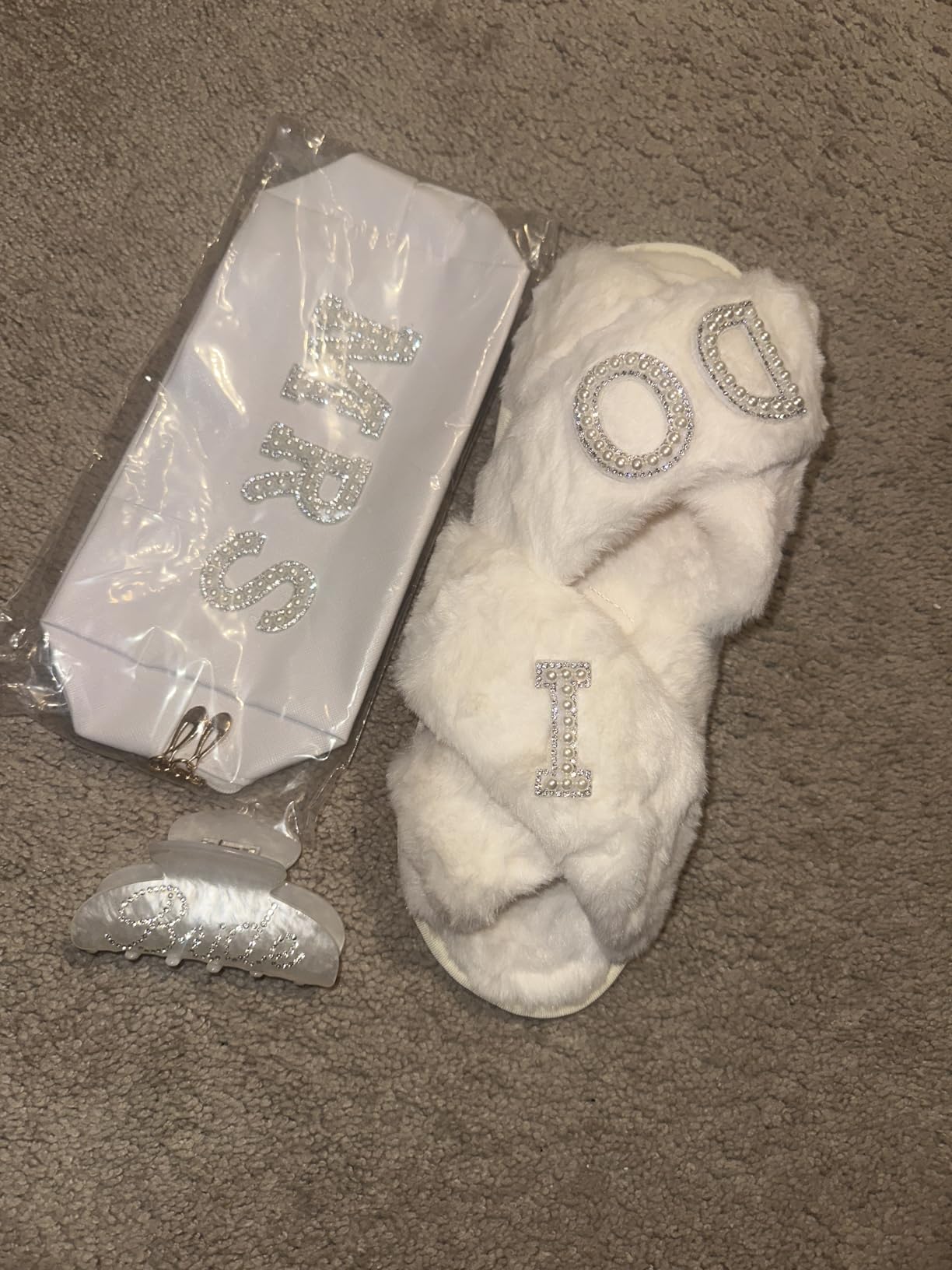 Bride To Be Gift Set Bride Makeup Bag I Do Bride Slippers Bride Robe Bride Hair Clip Bride Gifts Wedding Gifts (Slippers+Makeup Bag+Clip) customer photo 1