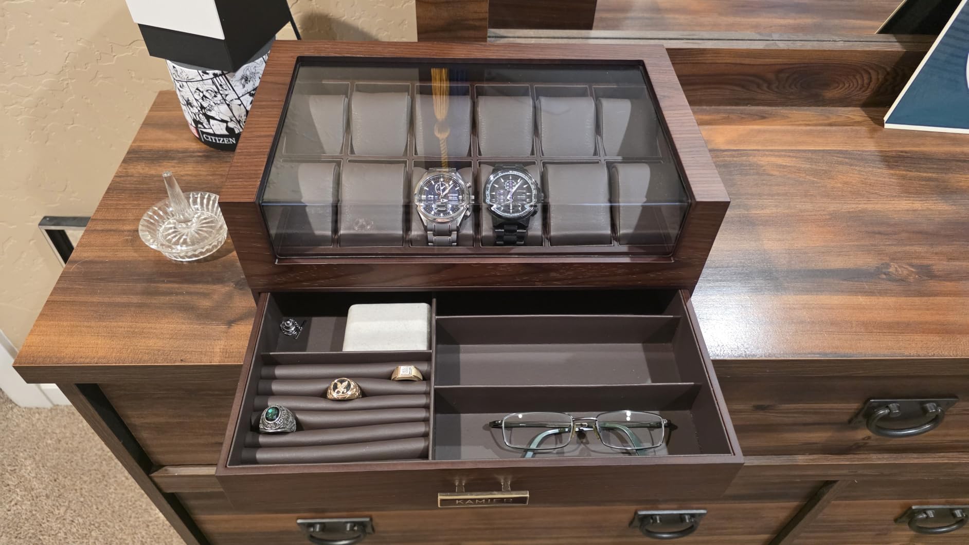 High End Watch Box for Men, 12 Slot Wooden Watch Case With Drawer, Watch Display Box with Glass Lid, 2-Layer Watch Holder for Jewelry and Watch Storage for Men Women, Ideal for Gift (With Gift Box) customer photo 1
