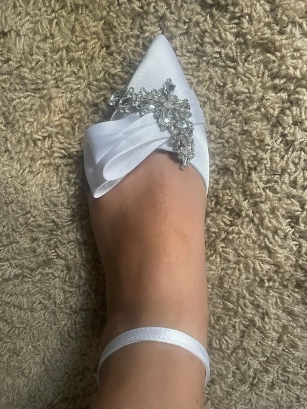 Women's Pointed Toe Crystal Wedding Flats for Bride Comfortable Satin White Wedding Shoes Low Heels Ankle Strap Bridal Flats Evening Prom Party Dress Shoes Pumps customer photo 1