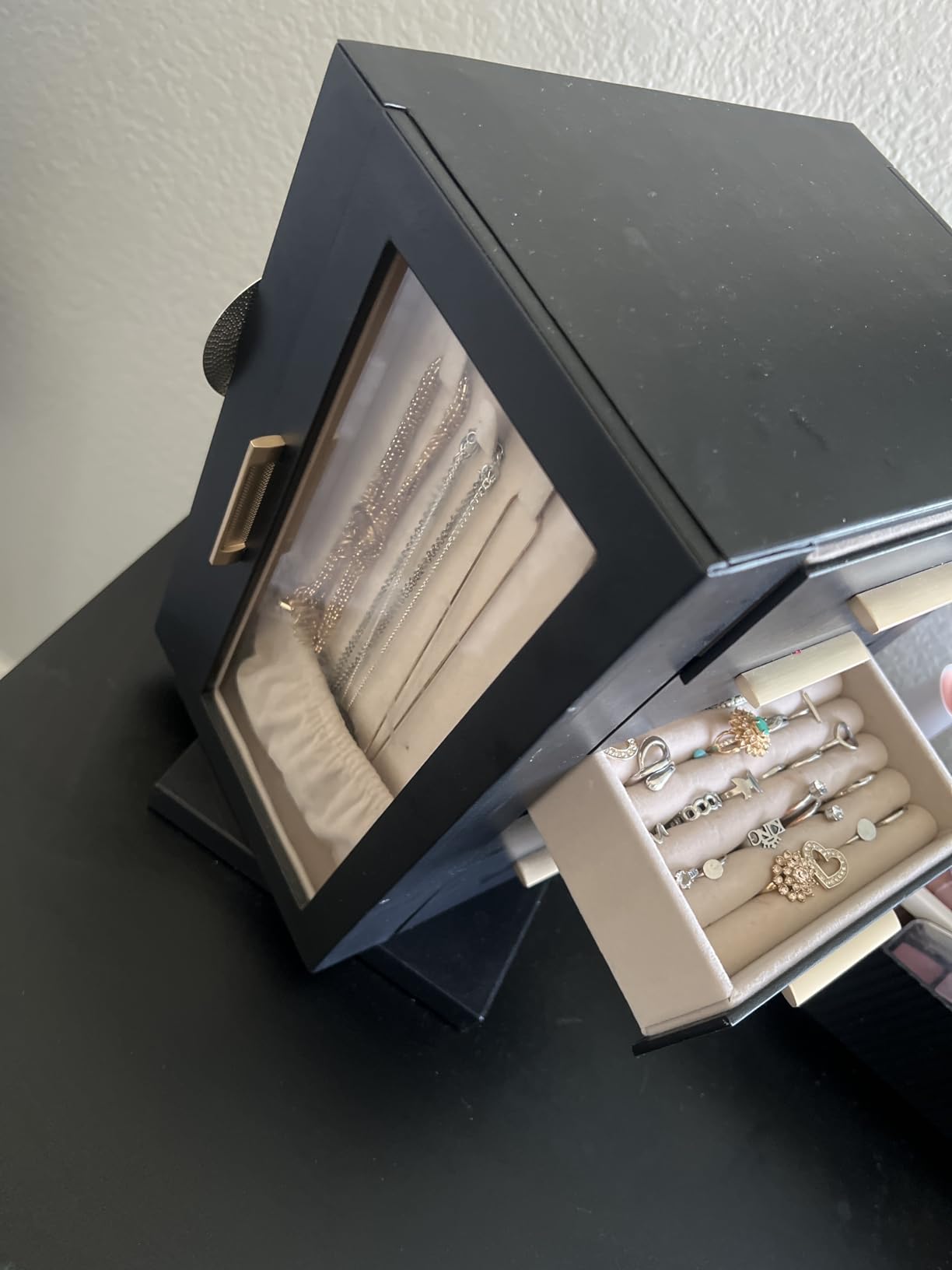 SONGMICS GISELLA Collection - Jewelry Box Organizer 360 Rotating, Vertical Jewelry Storage Case with 5 Drawers, Glass Window, Cloud White UJBC170W01 customer photo 1