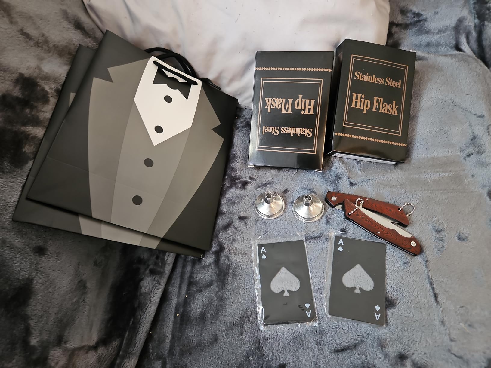 Tioncy 48 Pcs Groomsmen Gifts Set of 8, Groomsmen Proposal Box with Groomsman Proposal Gifts Bags Engraved Knife Shot Glasses Steel Hip Flask Poker Card Opener Sunglasses for Wedding Groomsman customer photo 1