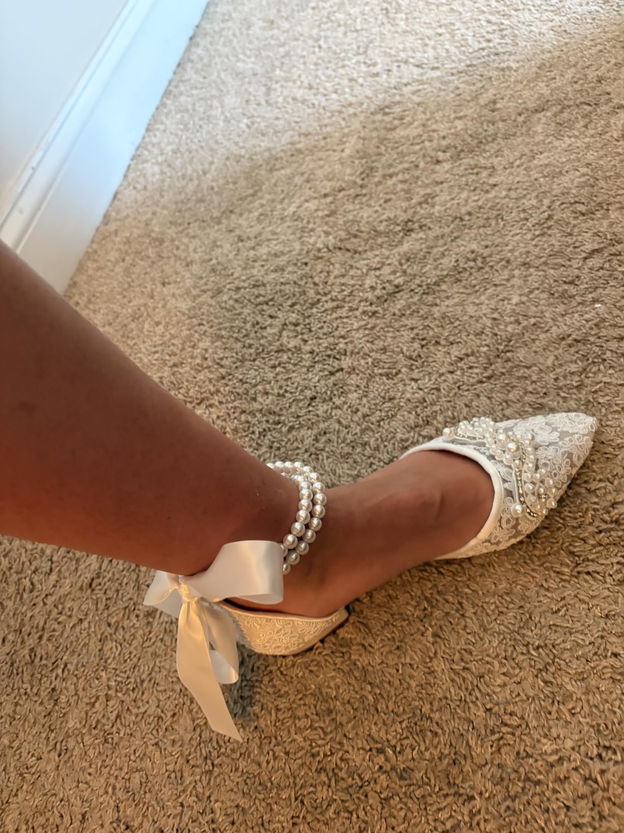 Pearl Wedding Shoes for Bride Flat Lace Bride Shoes Pointed Toe Bridal Flats customer photo 2