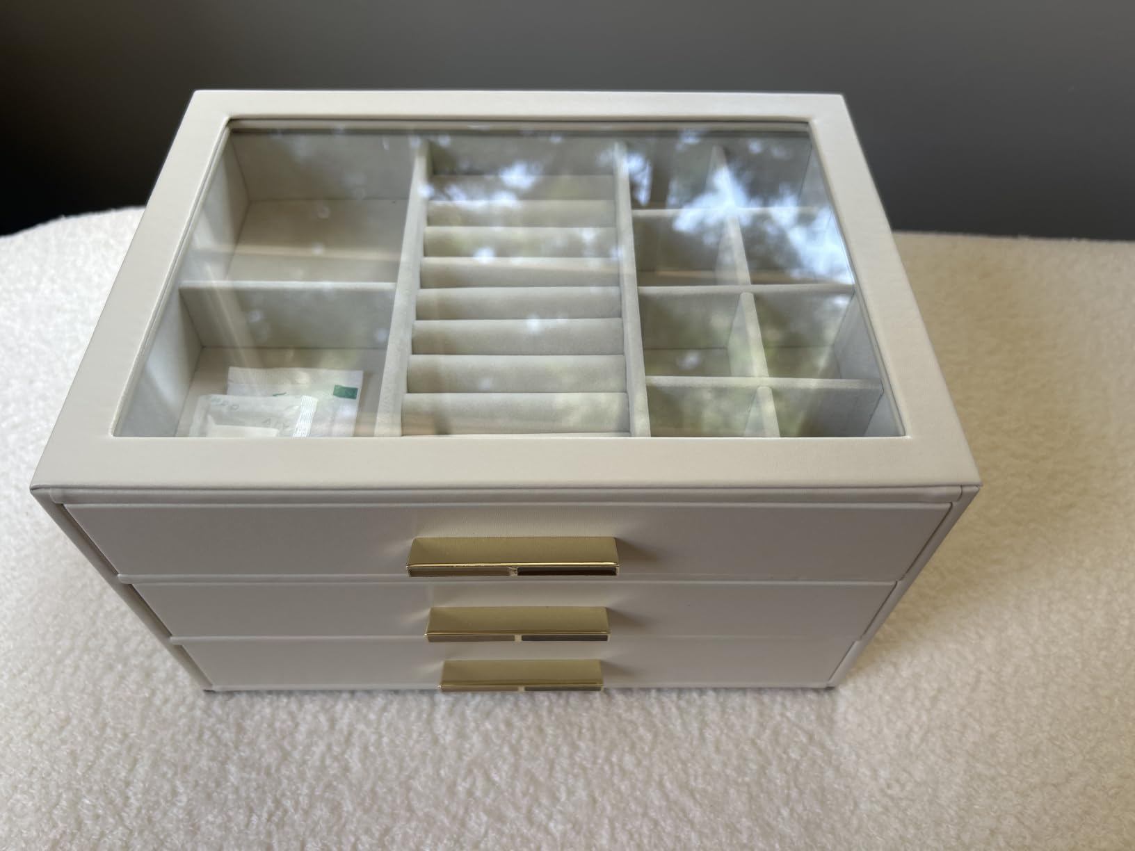 VLANDO Jewelry Box for Women, Glass Lid Jewelry Organizer with 3 Drawers for Necklaces Rings Earrings Bracelets Mother Day Gift for Mom - Cloud White customer photo 1
