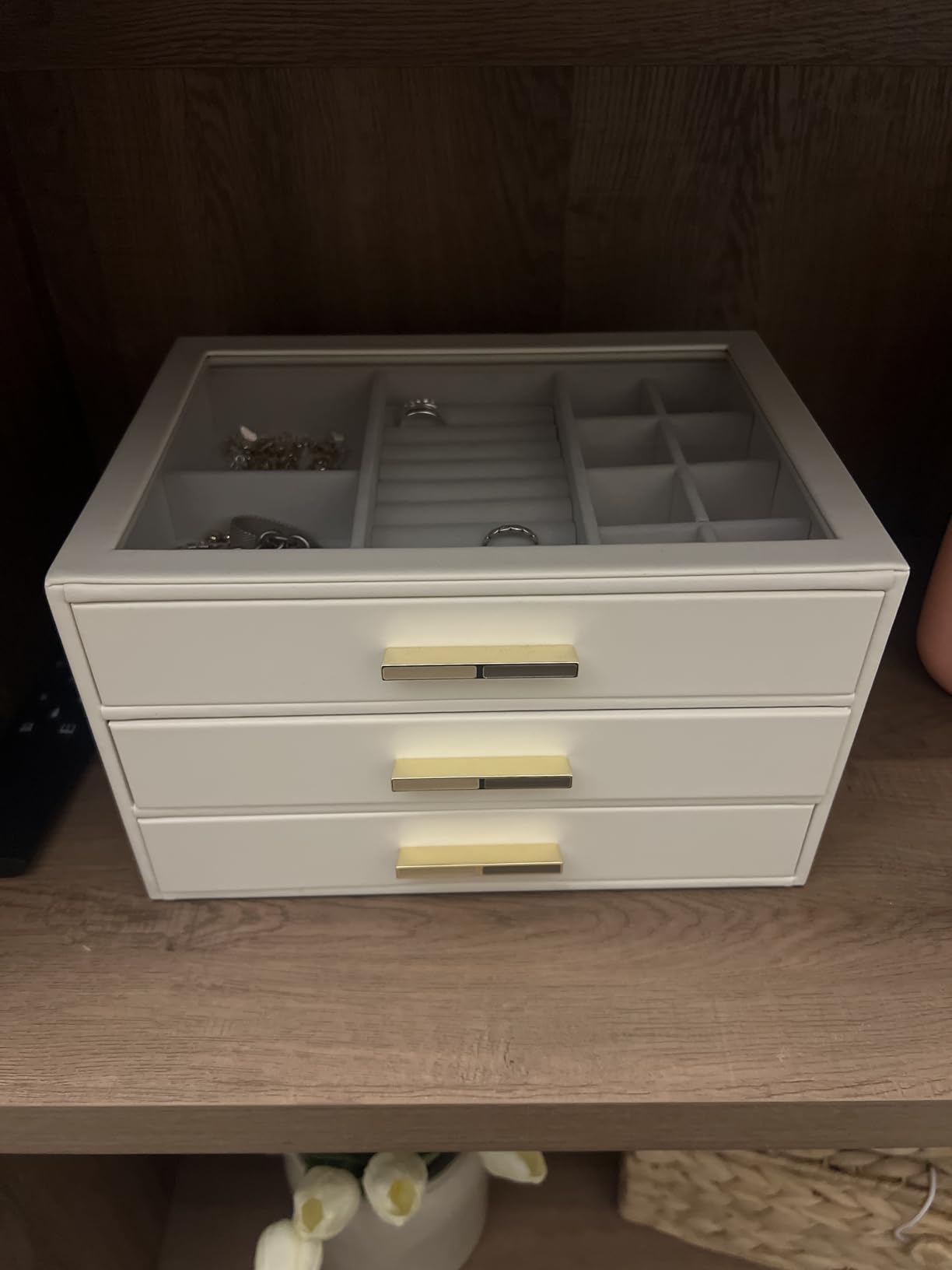 VLANDO Jewelry Box for Women, Glass Lid Jewelry Organizer with 3 Drawers for Necklaces Rings Earrings Bracelets Mother Day Gift for Mom - Cloud White customer photo 2