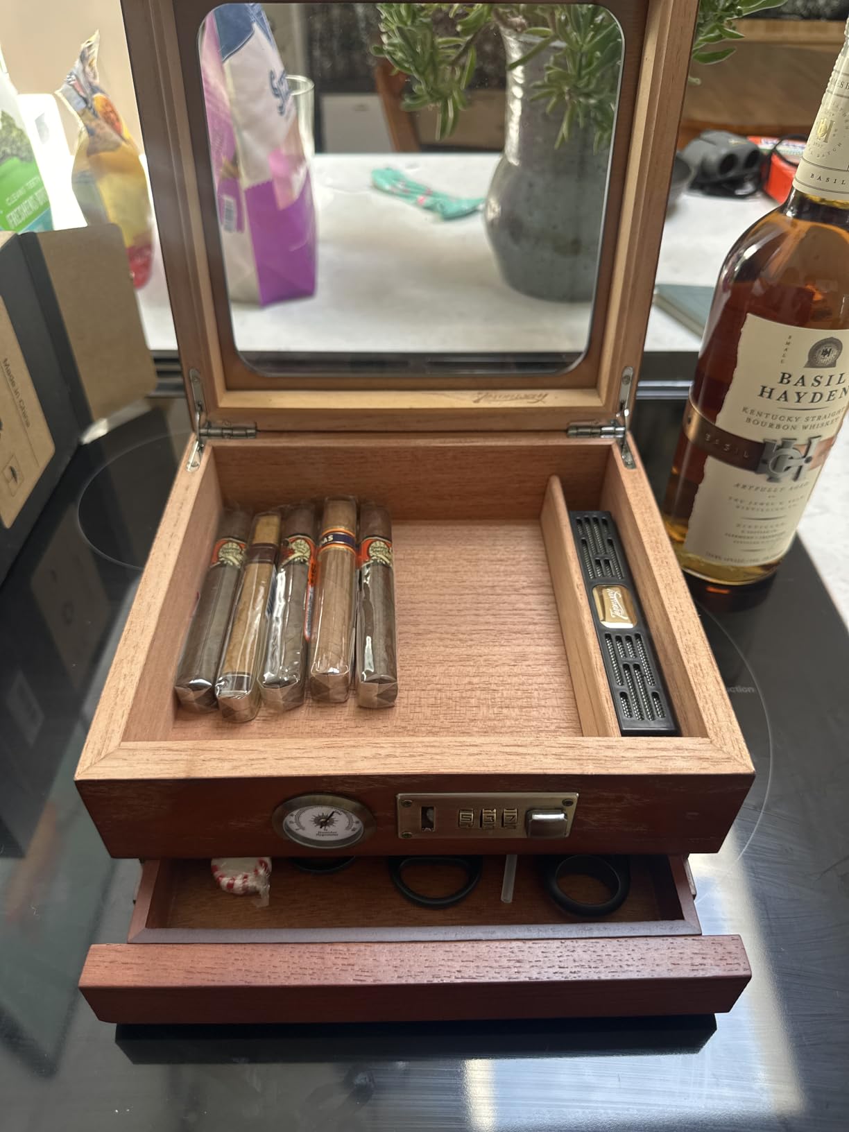 Tesonway Cigar Humidor, Cedar Wood Humidor Cigar Box, Glass Top Desktop Humidor with Front Hygrometer, Humidifier, Divider, Accessories Drawer and Combination Lock, Cigar Gifts for Men (Brown) customer photo 2