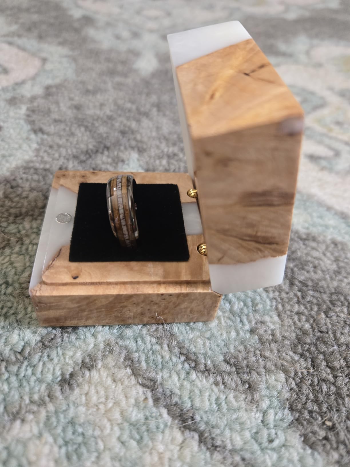 Handmade wooden wedding ring box - engagement ring holder with magnetic clasp - vintage wooden jewelry storage box for couples - single-slot design customer photo 2