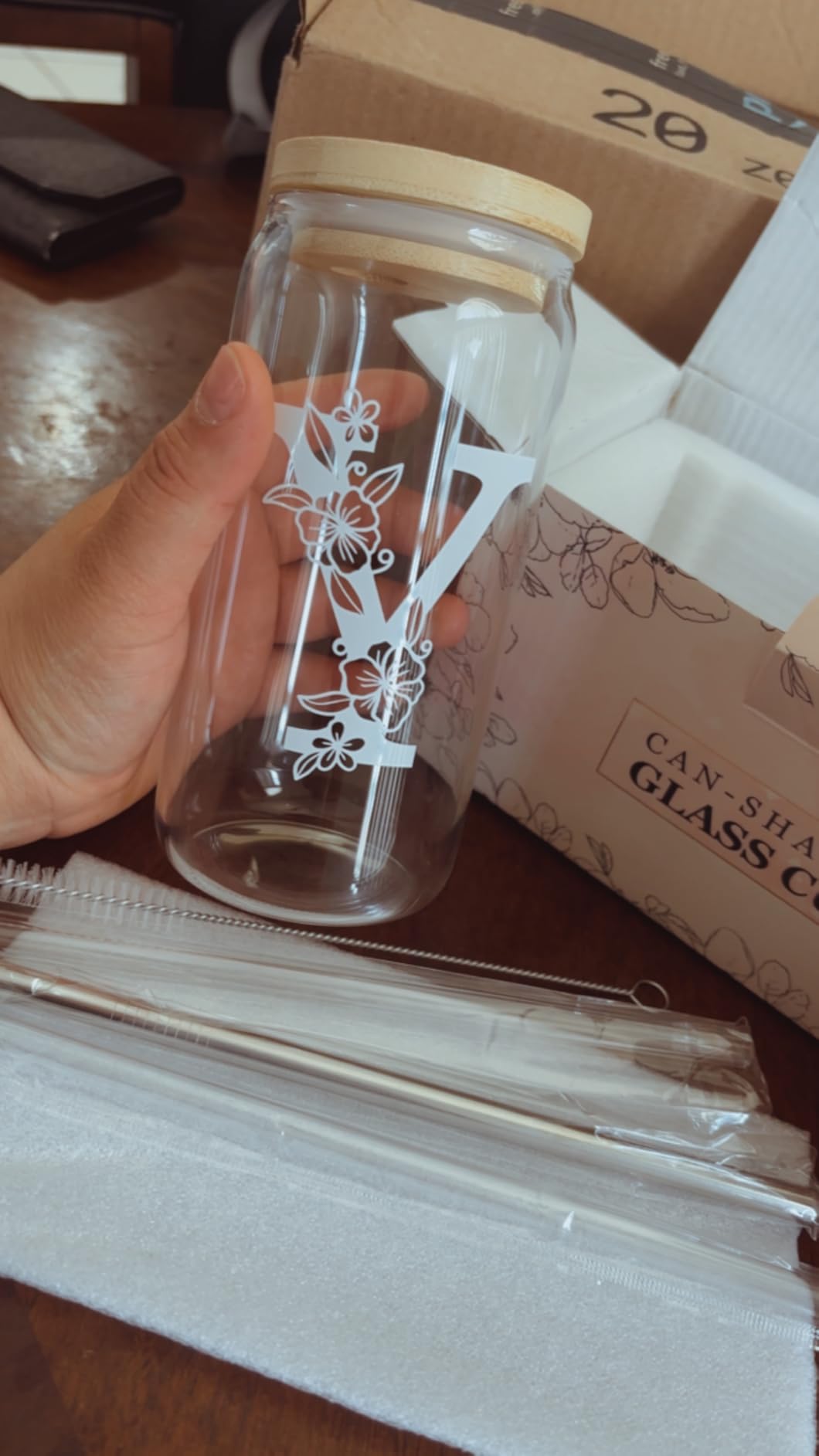 Personalized Tumbler, Monogrammed Can Glass Cups with Bamboo Lids and Straws, Customized Gifts for Women, Cute Design Initial Iced Coffee glasses, Custom Letter Mug, Birthday Bridesmaid, A customer photo 1
