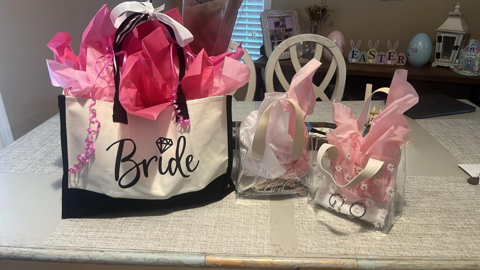 28Pcs Flower Girl Proposal Gift Set - 2 Bags Including Round Flower Sunglasses, Canvas Bag, Pearl Necklace, Bracelet, Hair Accessories, Satin Scunchies, Diamond Pen for Wedding, Bridal Shower customer photo 1